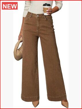 High Waisted Wide Leg Jeans with Stretch Denim and Pockets